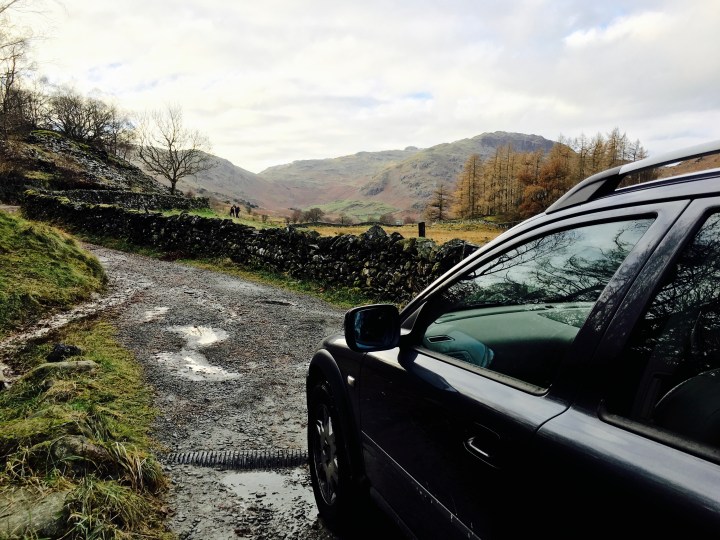 Bjorn the Volvo on a narrow road in the Lake District, Cumbria