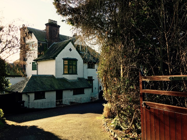 Looking through the front gate of a property near the Malvern Common in Worcestershire.