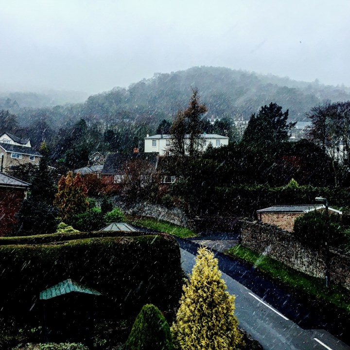 Snow falling in Malvern, Worcestershire
