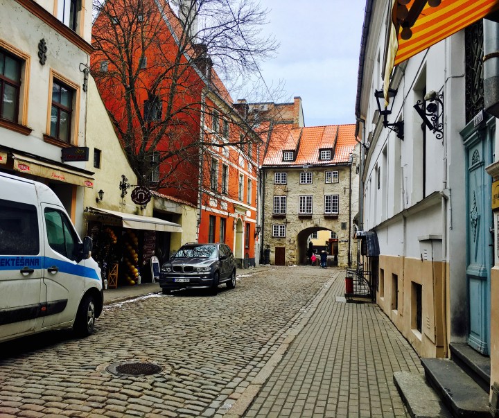 Cobbled street leading up to Swedish Gate in the Latvian capital Riga's Old Town.