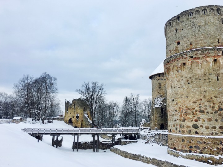 Old Cesis Castle in the snow in Latvia.
