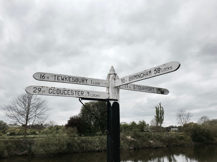 Signpost on the Severn River at Worcester, Worcestershire, England.