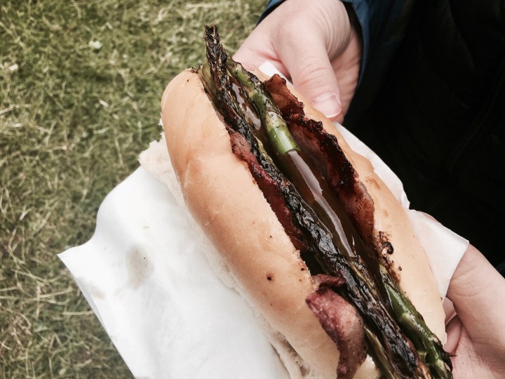 Asparagus and bacon roll at Asparafest, Evesham, Worcestershire.