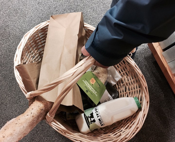 Full shopping basket at Tebay Services, Cumbria, England.