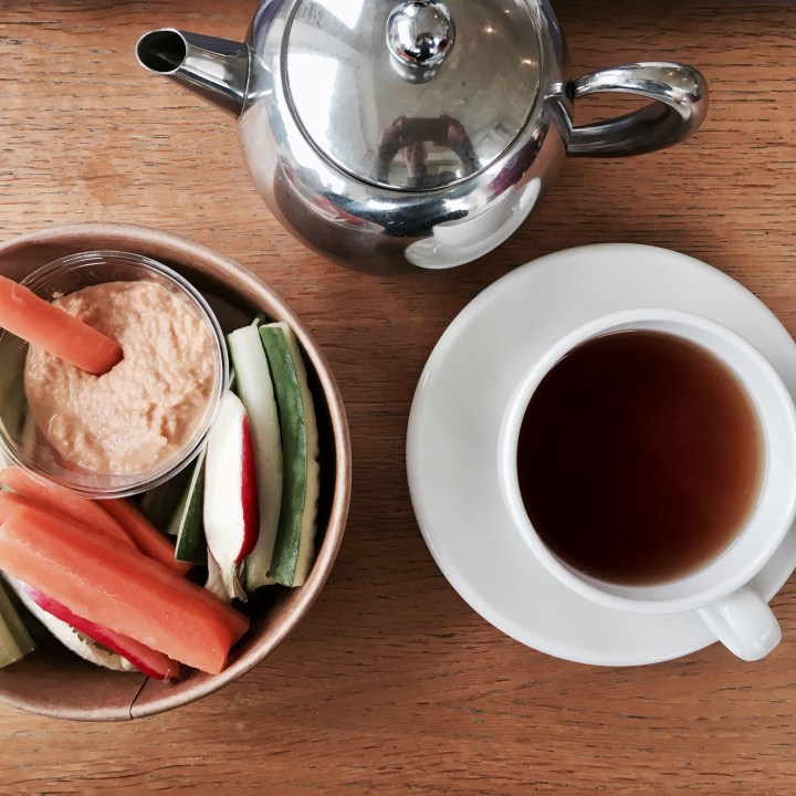 Crudites and tea at the Tebay Services, Cumbria, England.