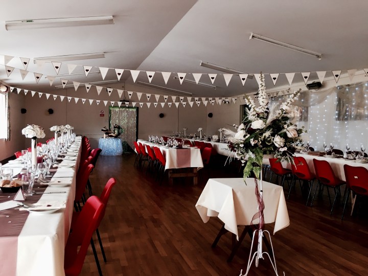 Wedding reception in an English village hall.