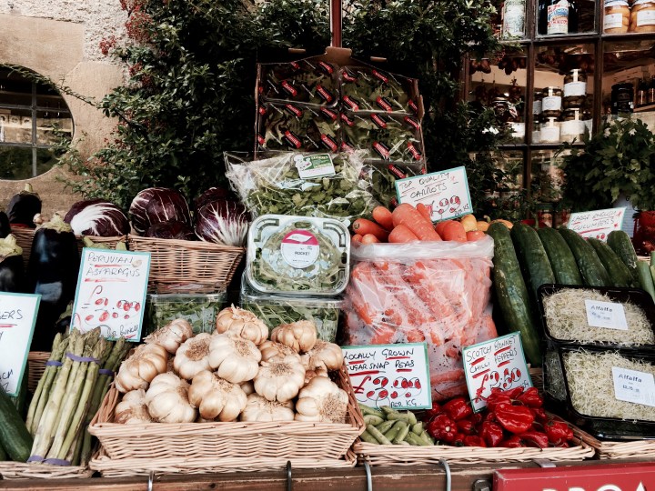 Market stall at Broadway Deli in Broadway, Worcestershire, England.