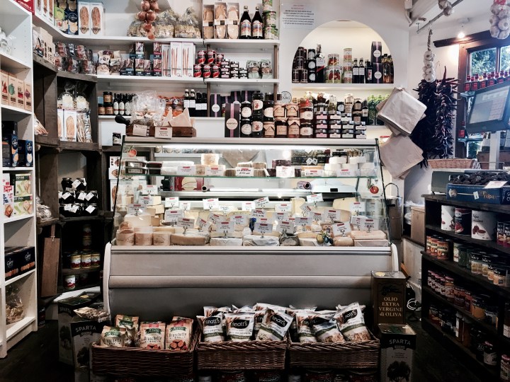 Cheese counter at Broadway Deli in Broadway, Worcestershire, England.