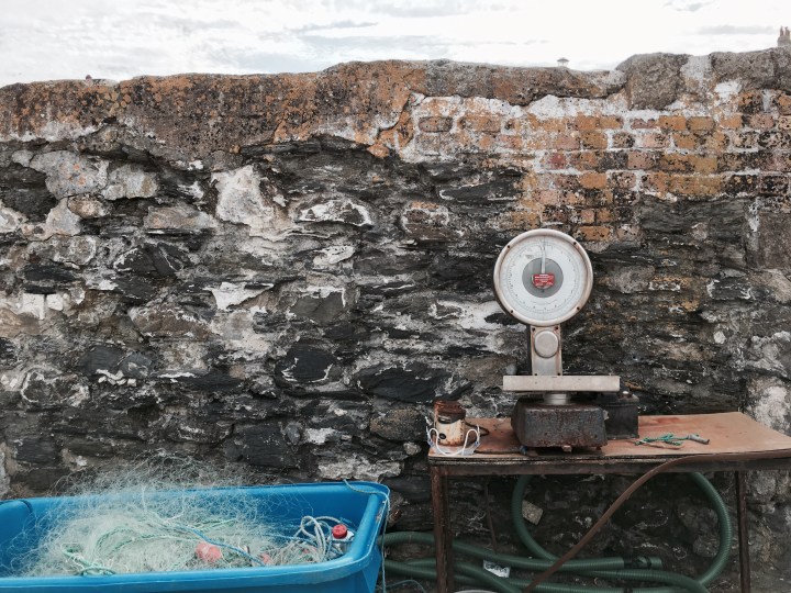 Scales and fishing equipment at Charlestown Harbour, Cornwall, England.