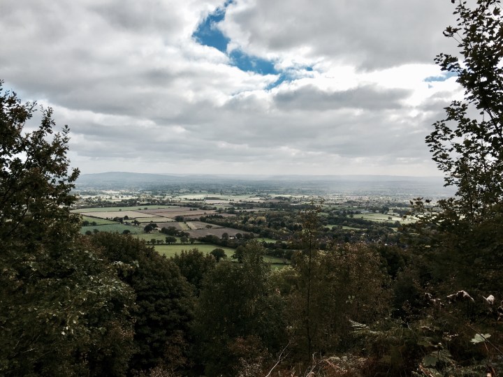 Looking over the village of Welland and towards the Cotswold escarpment from the Malvern Hills in Worcestershire, England.