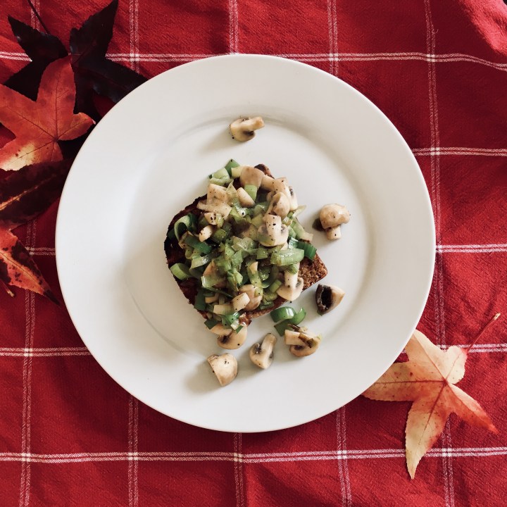 Sauted leeks and mushrooms on toast.