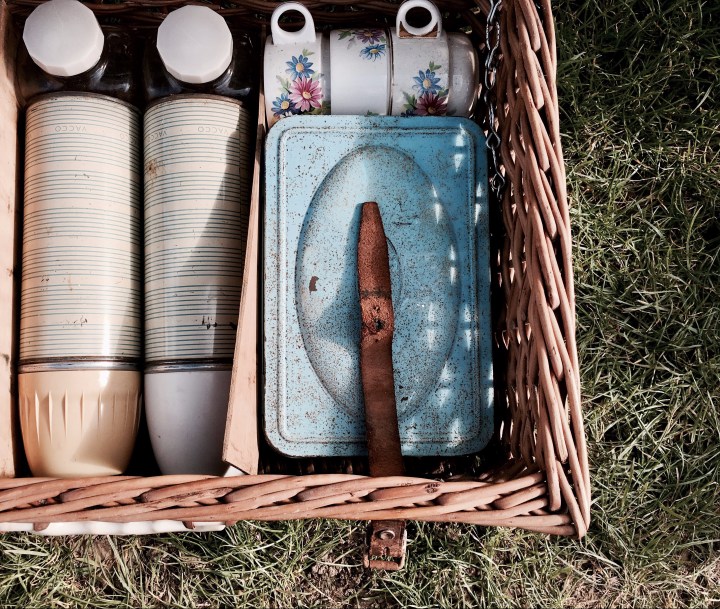 Vintage picnic basket for sale at a flea fair in Malvern, Worcestershire, England.