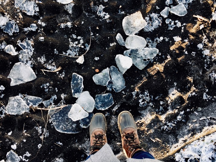 Black volcanic sand beach in Blönduós, Iceland.