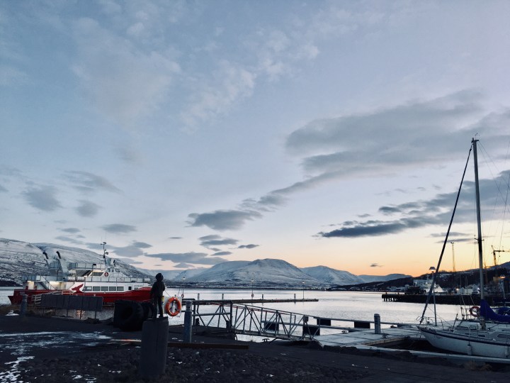 Akureyri harbour, Iceland, at sunset in November.