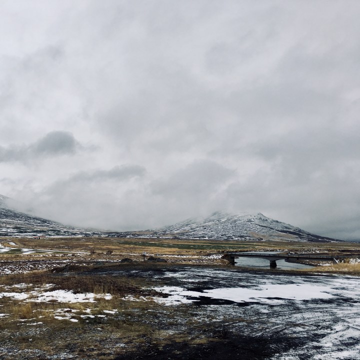 Snowy mountains near Akureyri, Iceland.