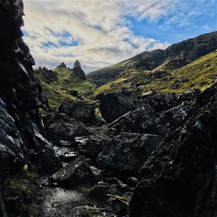 Exploring between the peaks near the Old Man of Storr, Isle of Skye, Scotland.