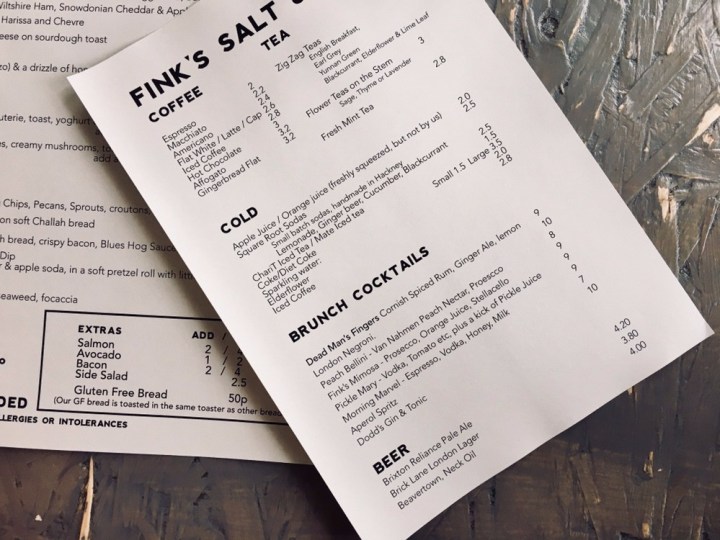 Menu for Fink's Salt and Sweet, London.