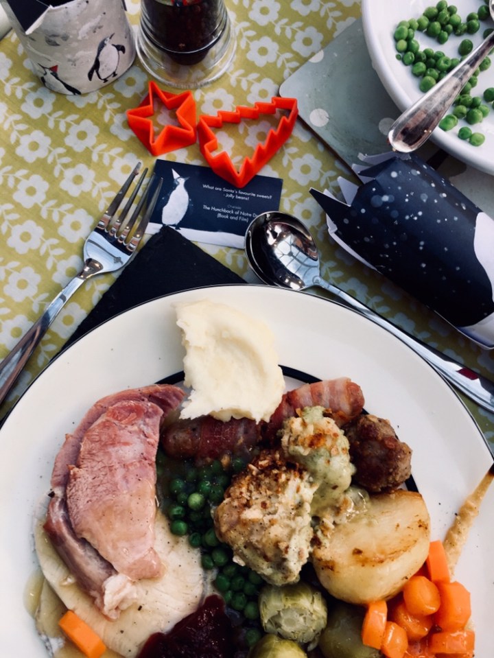 Christmas dinner on a table.