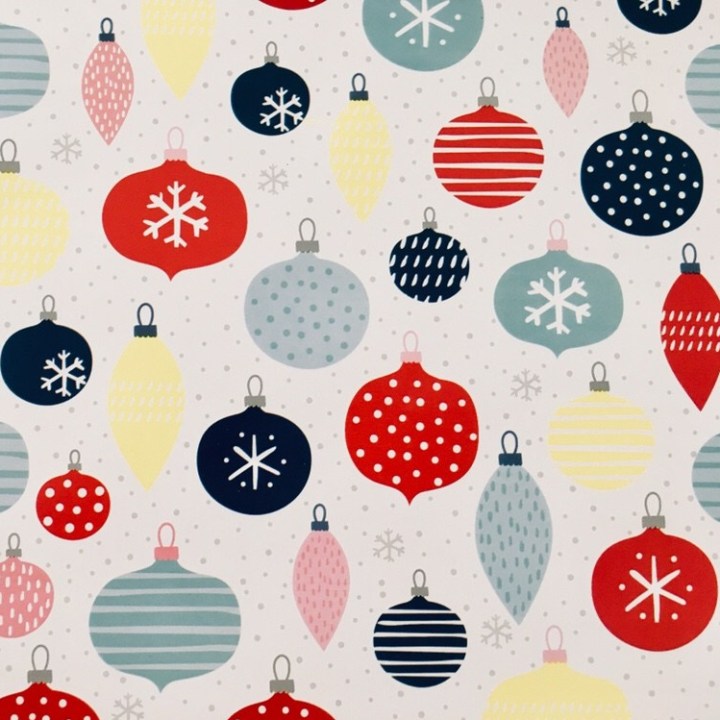 Christmas wrapping paper featuring a bauble print.