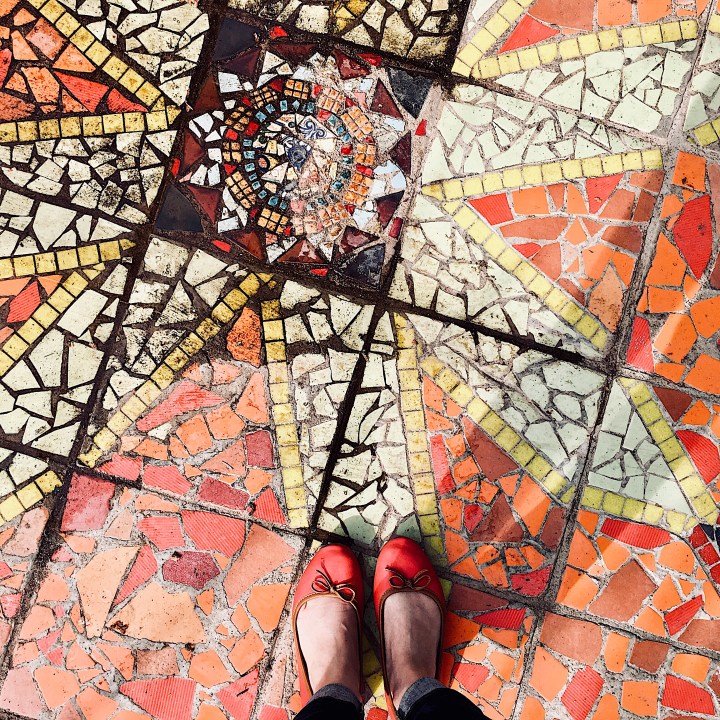 Mosaic floor in community garden in Wagga Wagga, NSW, Australia.