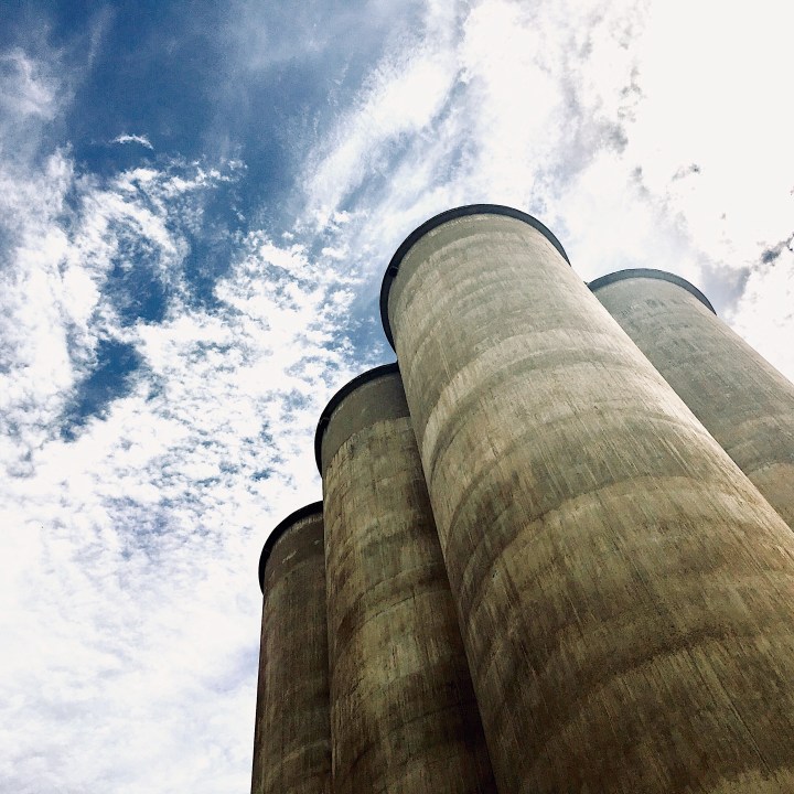 Looking up at grain silos in regional New South Wales, Australia.