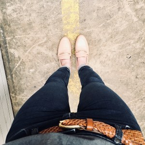 Dark chambray shirt, dark blue jeans and nude loafers.