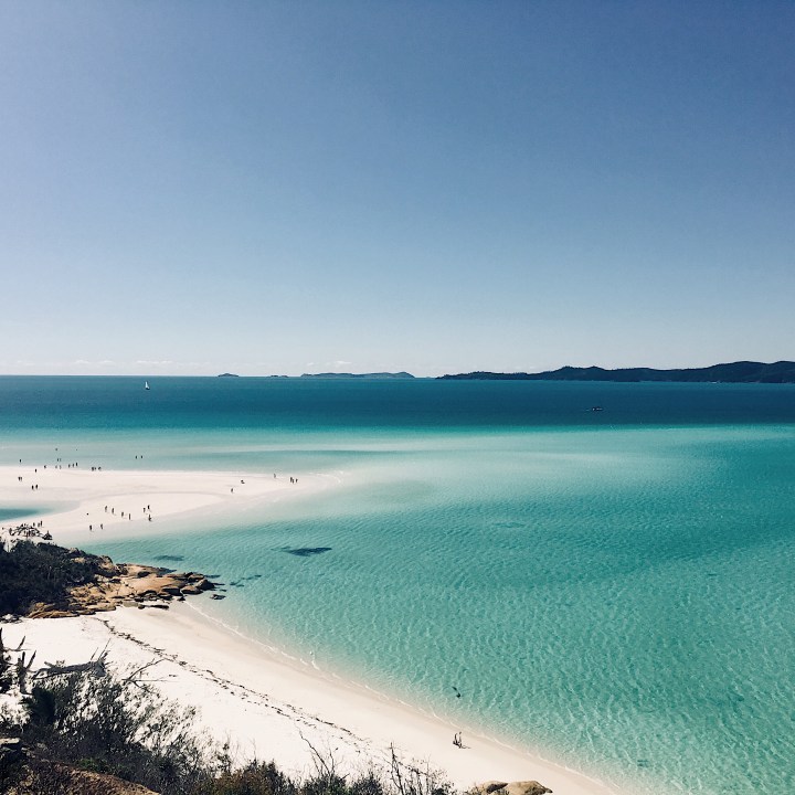 Looking down over Whitehaven Beach, Whitsunday Island, Queensland, Australia.