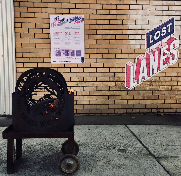 Fire bucket and official signage for the Lost Lanes festival in Wagga Wagga, New South Wales, Australia.