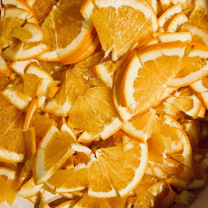Finely sliced oranges.