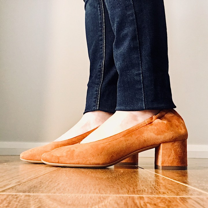 Everlane Day Heel in cognac suede.