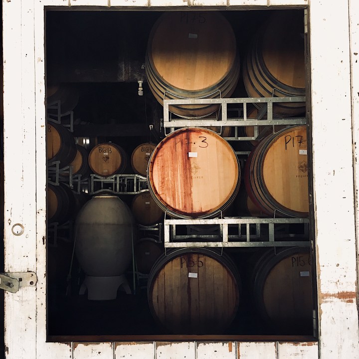 Barrels of wine at Pfeiffers Wines, Rutherglen, Victoria, Australia.