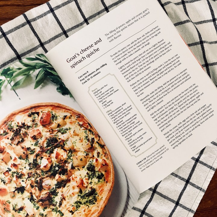 Goat's cheese and spinach quiche recipe in the National Trust Cookbook.