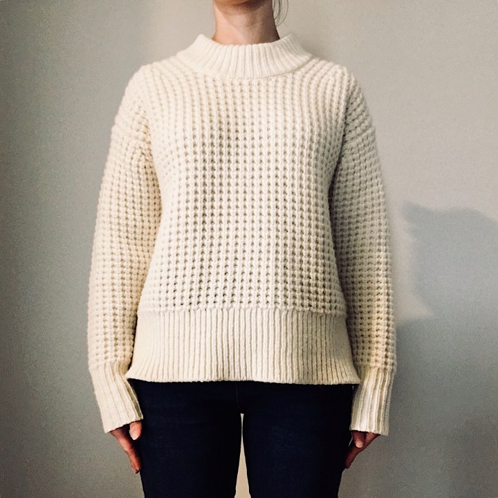 Woman wearing Everlane Wool-Cashmere Waffle Square Crew in cream.