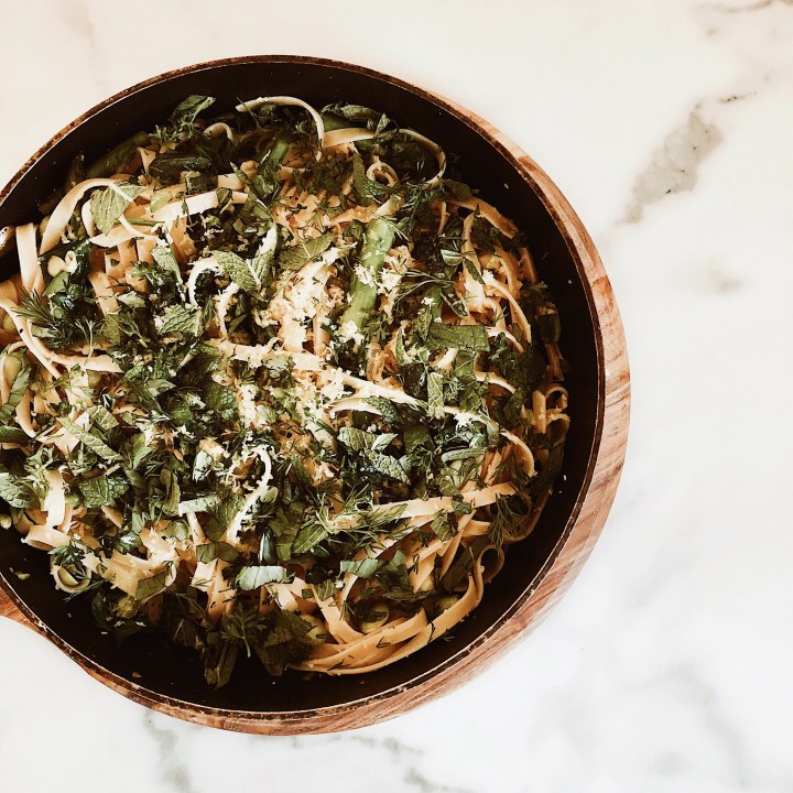 Pasta primavera in a fry pan.