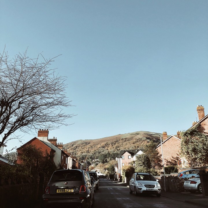 Looking up at the Malvern Hills from the town of Great Malvern, Worcestershire, England.