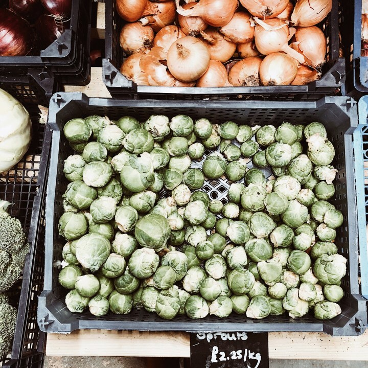 Brussel sprouts for sale at a farm shop in Worcestershire, England.