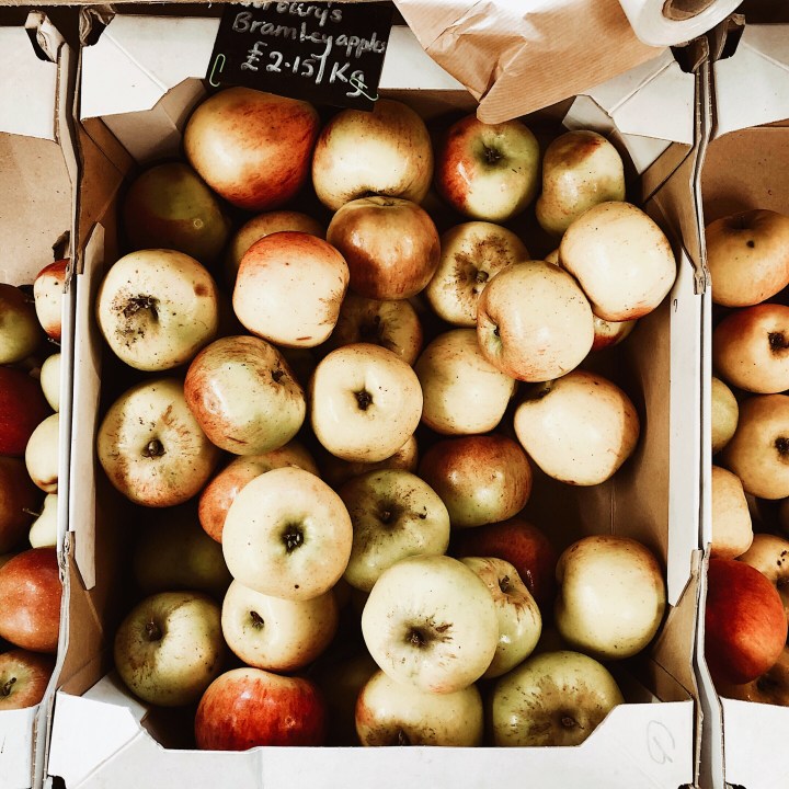 Bramley Apples for sale at a farm shop in Worcestershire, England.