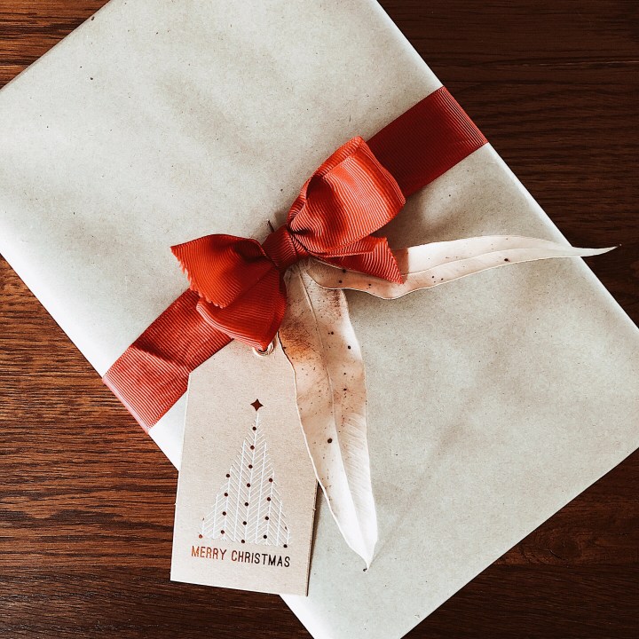 Christmas present wrapped in brown paper with a red grosgrain ribbon.