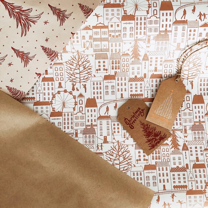 Christmas wrapping paper and gift tags.