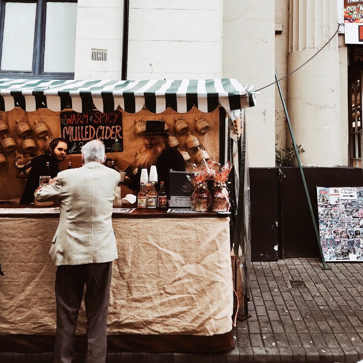 Mulled cider stall at the Worcester Christmas Fayre, England.