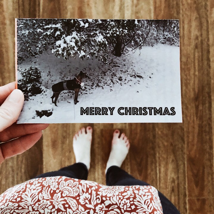 Barefoot woman holding a Christmas card featuring a dog standing in the snow.