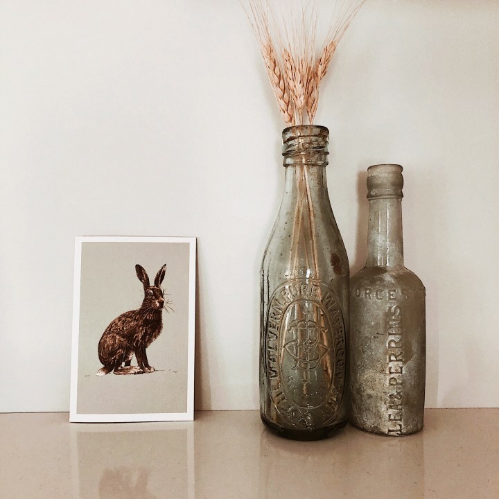 Card with picture of a hare sitting beside two old bottles.