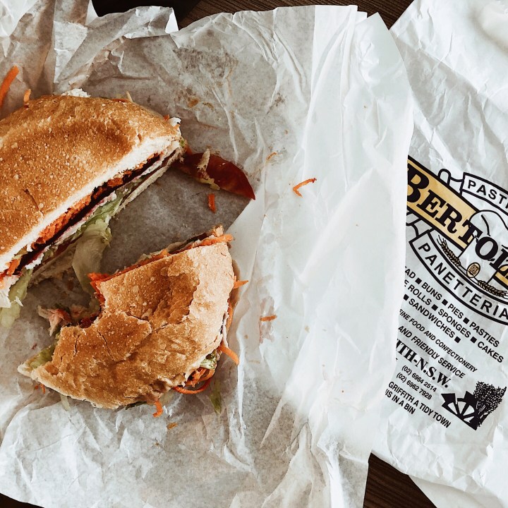 Chicken and salad roll from Bertolodos Bakery in Griffith, New South Wales, Australia.