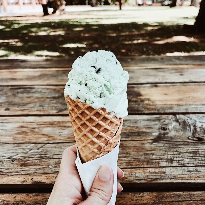 Mint choc-chip ice cream cone.