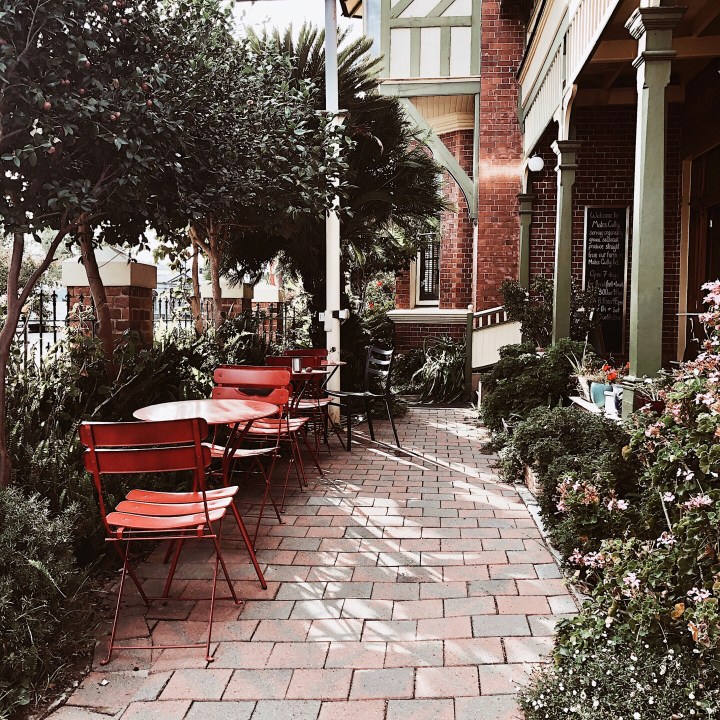 Garden seating at Mates Gully Cafe and Restaurant in Wagga Wagga, New South Wales, Australia.
