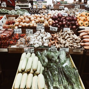 A fruit and vegetable stand at the Queen Victoria Market in Melbourne, Victoria, Australia.