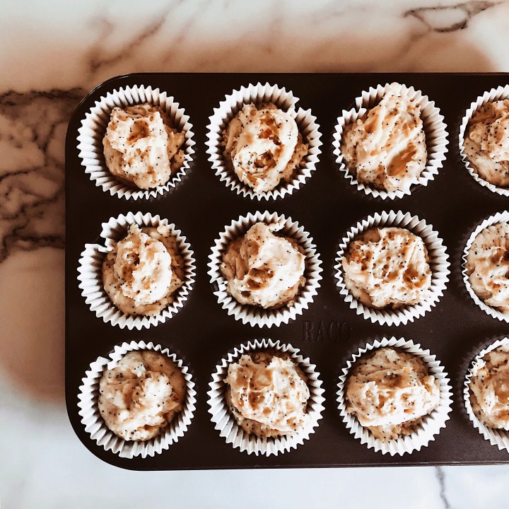 Orange and poppyseed muffins ready to go in the oven.
