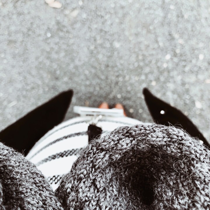 Looking down at a pregnant belly.