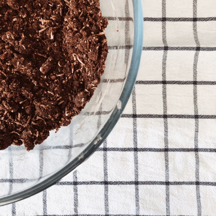 Chocolate slice mix in a glass bowl.