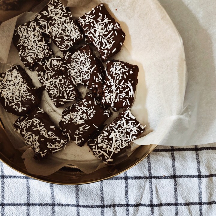 Chocolate slice in a tin.